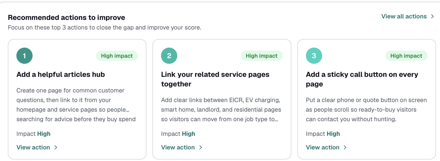 Competitor Check showing three recommended actions to improve a small business website